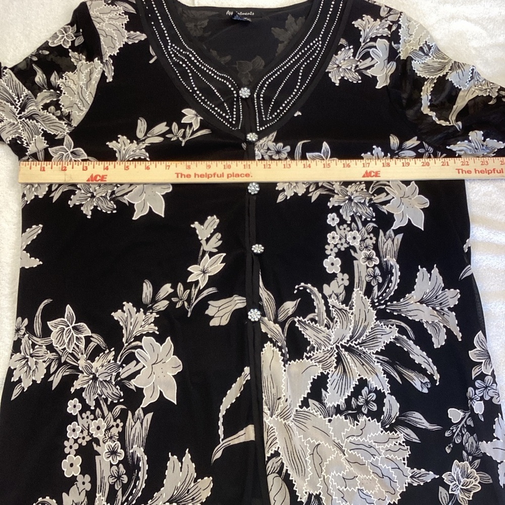 Appointments Black and Grey with Squines and Sparkle Button Floral Women's Top - Picture 8 of 10